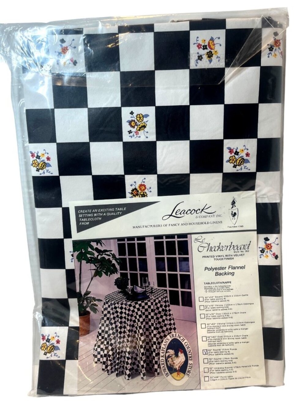 Leacock Le Checkerboard 60" Round Vinyl Tablecloth With Flannel Backing - Black